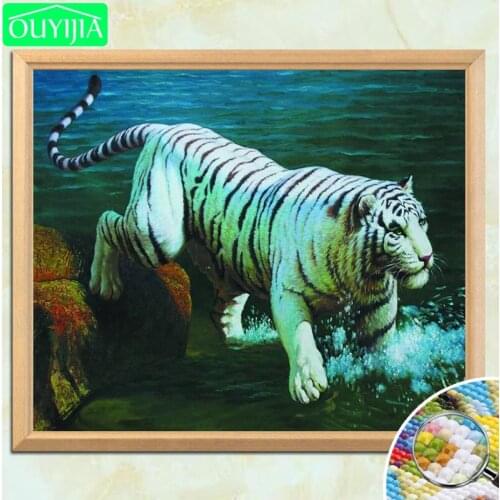 OUYIJIA White Tiger In The Water 5D DIY Diamond Painting Full Square Diamond Embroidery Picture Of Rhinestones Mosaic Painting