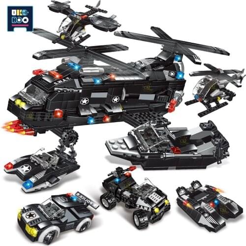 UKBOO City SWAT Police Command Truck Helicopter Model Building Blocks Weapon Boat Soldier Figures Bricks Toys for Children