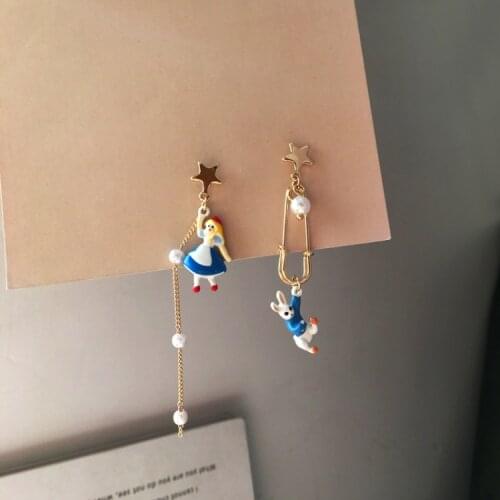Cute Fun Cartoon Girl Fairy Tale Rabbit Maiden Enamel Earring Asymmetric Stud Earrings Dream Bunny Women jewelry
