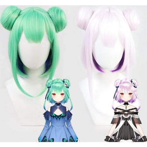Uruha Rushia Cosplay Wig Buns Vtuber Virtual YouTuber Cosplay Wig Heat Resistant Synthetic Short Green Hair Wig+ Free Wig Cap