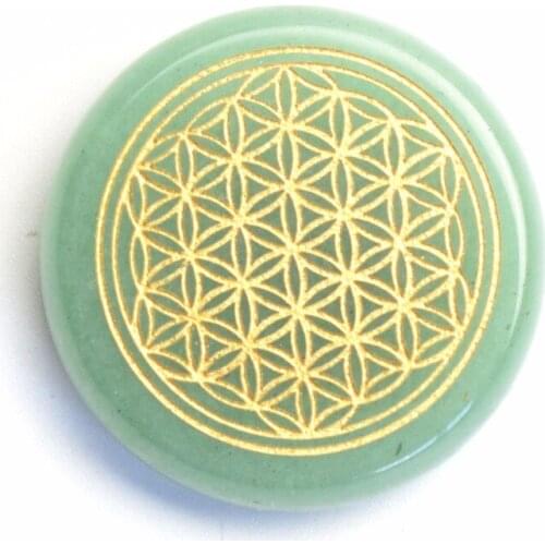 Natural Chakra Green Aventurine Engraved Crystal Flower of Life Reiki Healing Round Palm Stone with a Free Pouch