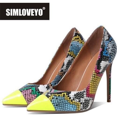 SIMLOVEYO New 2021 Women Pumps Pointed Toe 12cm Super High Thin Heels Snake-Skin Patchwork Sexy Stylish Big Size 34-43 B2485