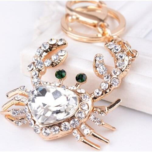Cute heart-body Crab KeyChain Key Ring Bag Pendant Pretty Rhinestone-Crystal Sea insect-Animal Key chains Keyrings Car Women