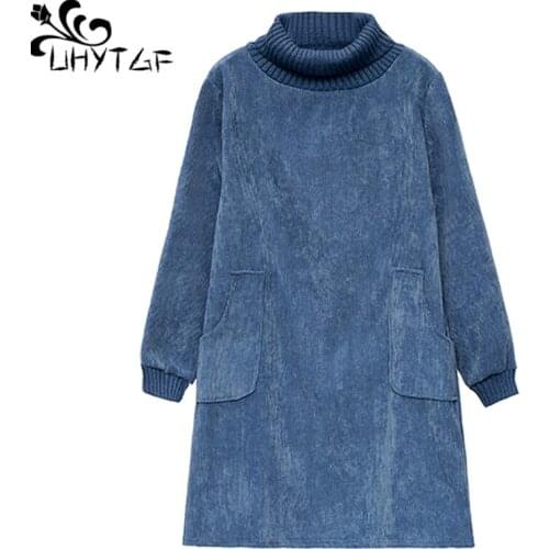 UHYTGF Quality corduroy dress women fashion turtleneck Pullover Autumn winter Dress pockets loose 5XL Plus Size Sports dress1291