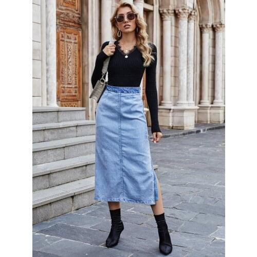 2021 autumn and winter womens high waist street European and American INS retro denim two-color stitching side chain skirt