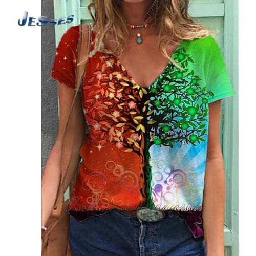 New 3D Tree Floral Printed Tee Tie-Dye V-Neck Women Tops Summer Plus Size Short-Sleeve Loose T-Shirt Casual 3XL T-Shirt Clothing
