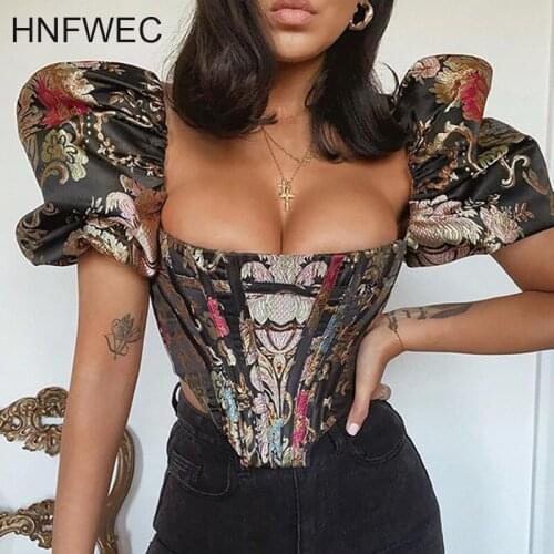 2020 Spring Summer Sexy Short Puff Sleeve Square Collar Black Floral Print Tops Women T Shirt U978