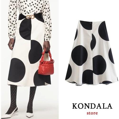 KONDALA Za 2021 Office Lady Wave Point High Waist Midi Skirts Bussiness Wear Fashion Autumn Loose Skirts Elegant Mujer Faldas