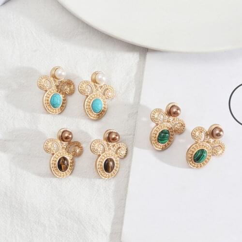 Pearl Turquoise Stone Inlay Vintage Baroque Crown Stud Earrings for Women Matte Gold Color Malachite Tiger Eye Earrings Jewelry