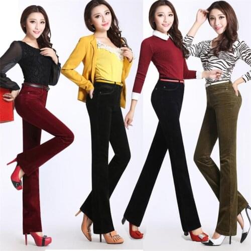 Free Shipping Womens Autumn Corduroy Boot Cut Pants Female Mid Waist Business casual Candy Color flares Corduroy Trousers 27-38