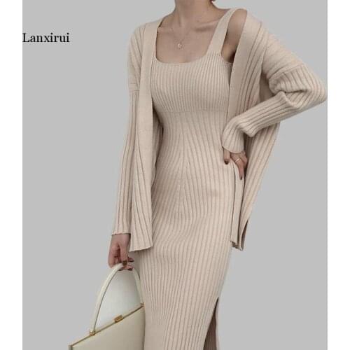 New High quality winter Womens Casual Long Sleeved Cardigan + Suspenders Sweater Vest Dress Two Piece Runway Dress Suit