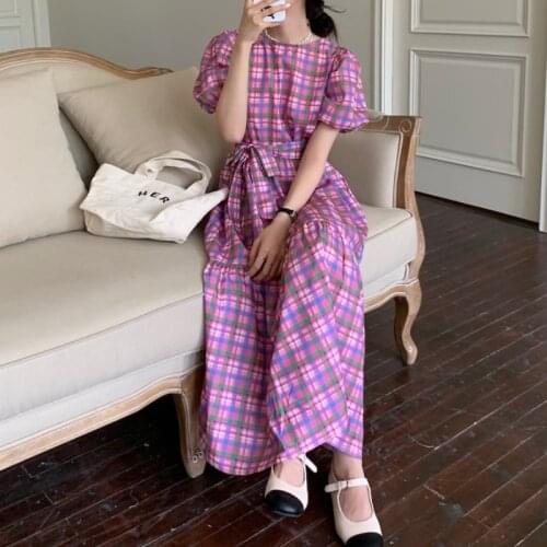 2021 New Women Summer Pink Plaid Long Dress Sashes Puff Sleeve Loose Pullover Folds Sundress