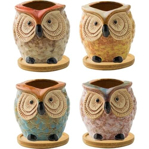 4PCS Succulent Pots, 3.5inch Owl Planter Owl Pot, Small Pots for Plants Cute Plant Pots with Bamboo Tray for Home Decor Promotio
