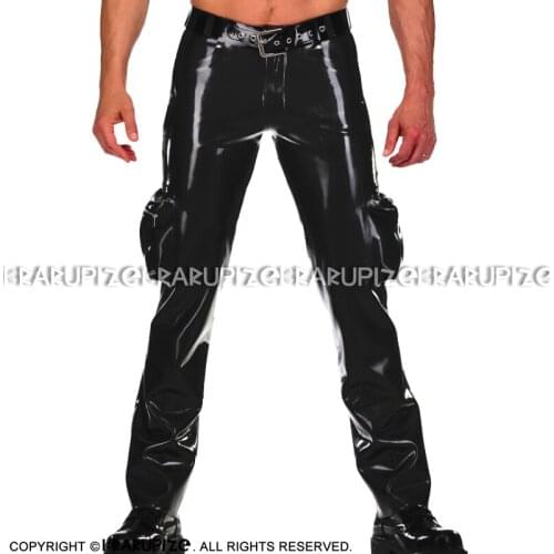 Black Sexy Latex Cargo Pants With Pockets At Sides And Back Zippers Long Rubber Trousers Bottoms CK-0081