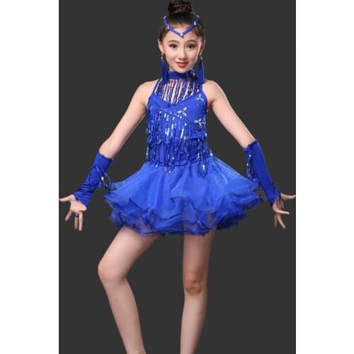 Children Sequined Latin Ballroom Dance Dress Kids Girls Dancewear Fringe Skirts Latin Stage Dance Costume Clothing Children