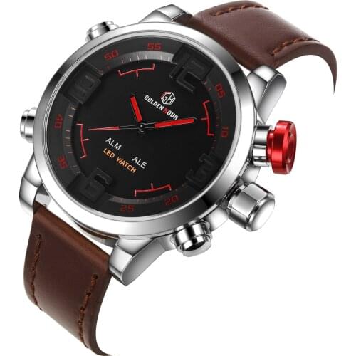GOLDENHOUR 104 Top Brand Luxury Dual Time Watch Men Leather Strap Calendar Alarm Waterproof Fashion Casual Men Wristwatches