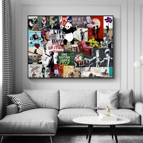 Banksy Street Graffiti Collage Art Canvas Painting Modern Prints and Poster Wall Art Picture for Living Room Home Decor Unframed