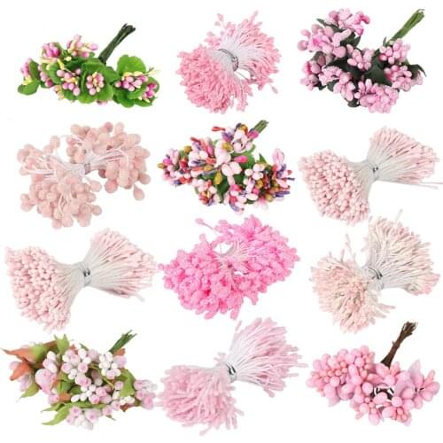 Pink Theme Mixed Artificial Flower Cherry Stamen Berries Bundle DIY Xmas Wedding Cake Gift Box Wreaths Decor 8/12/90/144/288pcs