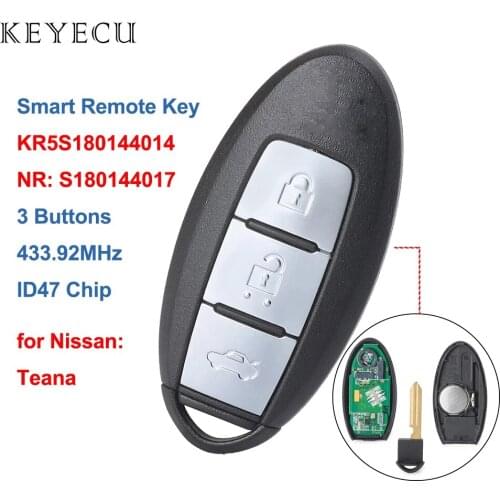 Keyecu S180144017 Keyless-go Smart Remote Key Fob 3 Buttons 433.92MHz ID47 Chip for Nissan Teana 2013-2016 FCC ID: KR5S180144014