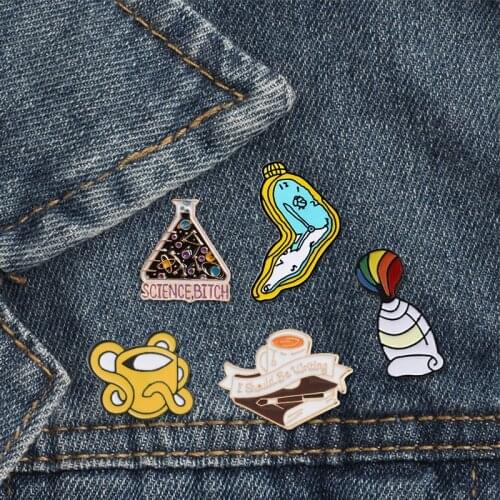 Creative Brooch Magical Scientific Bottle Cup Book Clock Study Tools Enamel Pins BackPack Lapel Pin Funny Badge Jewelry for Kids