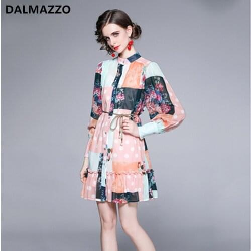 DALMAZZO 2021 Summer Designer Women Stand Collar Lantern Long Sleeve Lacing Mini Dress Chiffon Print Ruffles Vestidos Female XXL