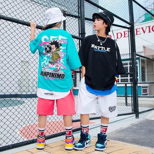 2021 Summer Hip Hop T-Shirt For Boys Girls Loose Street Dance Clothing Short Sleeves Ballroom Dance Wear Stage Costume DNV15021
