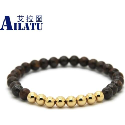 Ailatu Fashion Natural Bronzite Stone Jewelry with Round Copper Beads Mens Elastic Bracelet for Anniversary or Party