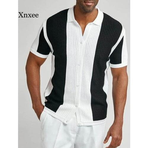2021 Summer Mens Knitted Shirt Vintage Patchwork for Men Casual Loose Short Sleeve Shirts Fashion Buttoned Lapel Tops Streetwear