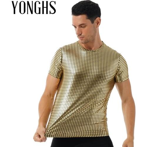 Mens Male Tops Tees Metallic Shiny Plaid T-shirt Fashion Casual Round Neck Short Sleeve Shirts Tops for Theme Party Nightclub