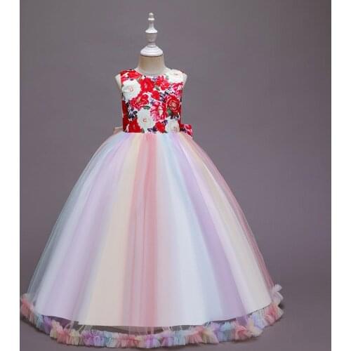 2021 New Girls Sleeveless Print Floral Bow Princess Dress Kids Birthday Elegant Party Prom Ball Gown Children Costume 3-15 Year