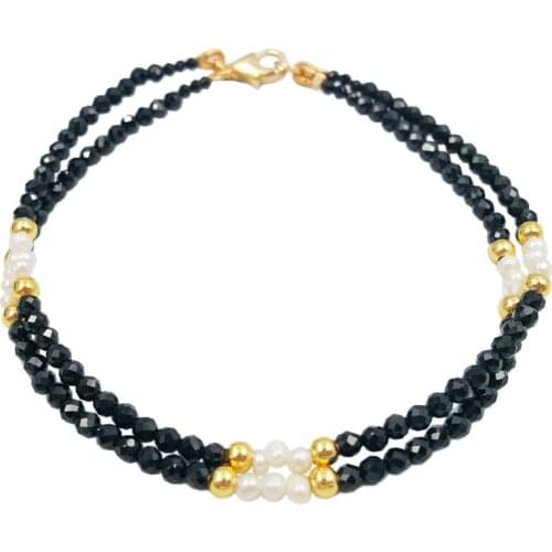 NEW Natural Black Spinels,&Freshwater Pearl Tibetan silver Bracelet 8"