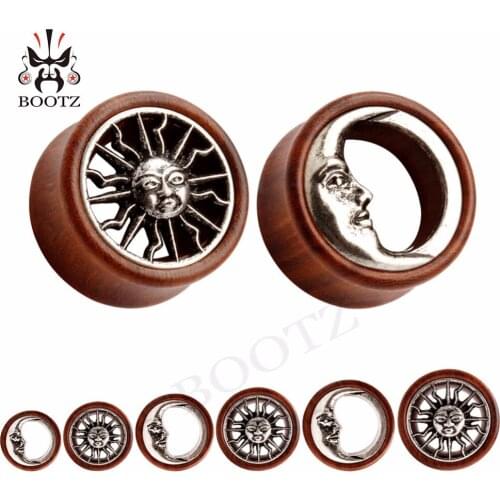 New wood metal plugs sun and moon logo matched plugs ear tunnel piercing body jewelry wholesale free shipping stretchers