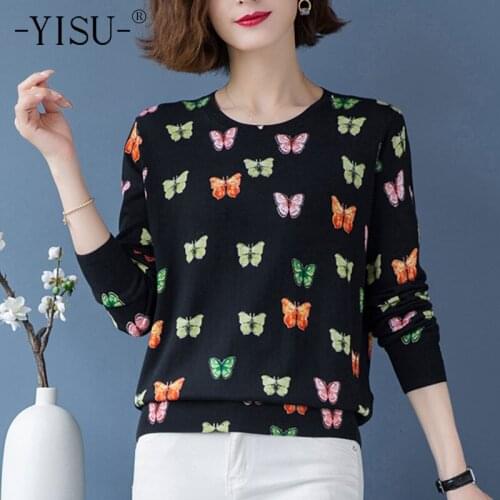 YISU Autumn Winter Sweater O-Neck Winter tops Long sleeve Butterfly Printing Knitted Pullover Casual Fashion Women Sweater