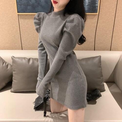2021 Spring and Autumn New Little Black Dress Sexy Slim Slimming Bag Hip Skirt Half High Collar Long Sleeve Base Knitted Dress
