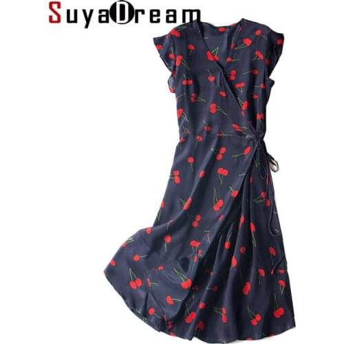 SuyaDream Woman Cherry Print Dress 100%Silk V neck Sashes Wrap Dress Women 2021 Spring Summer Midi Dresses Silk Clothes Vestidos