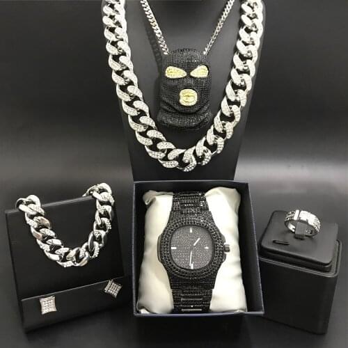 Luxury Men Silver Color Watch & Necklace & Braclete & Ring & Earrings Combo Watch Set Hip Hop Jewerly Neckalce Chain For Men