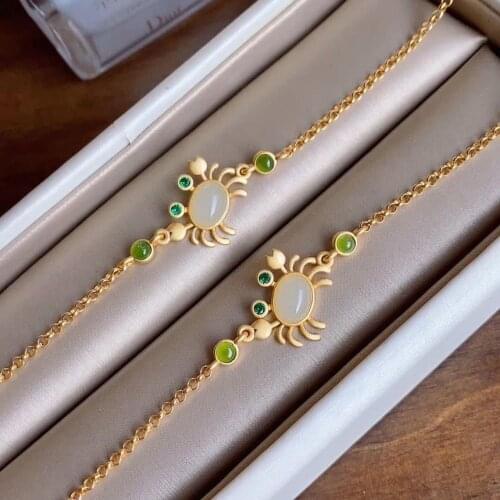 S925 Sterling Silver Natural Hetian Jade Little Crab Jewelry Set Combination Fashion Retro Cute Womens Bracelet Hand Jewelry