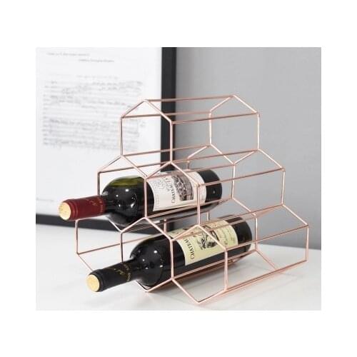 Nordic Rose Gold Geometric Honeycomb Design Iron Art Wine Rack With 6 Holes Storage Shelf Wine Holder For Vodka Whisky Bottles