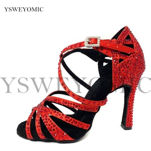 Dancing Shoes In High Heel 10cm Customized Color Red Blue Green Satin With Crystal Women Latin Salsa Shoes Indoor Free Shipping