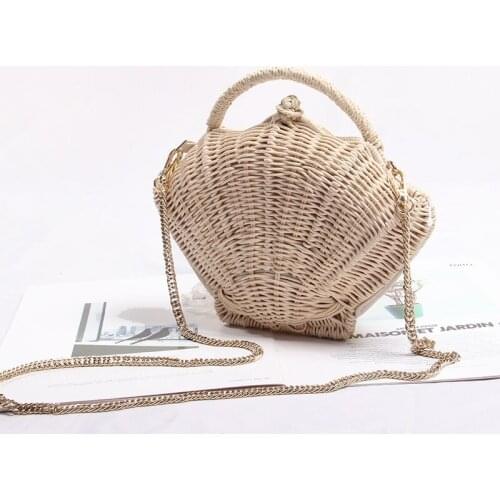 Shell-shaped Chain Small Messenger Bag Rattan Woven Ins Shoulder Portable Beach Vacation Straw Bag