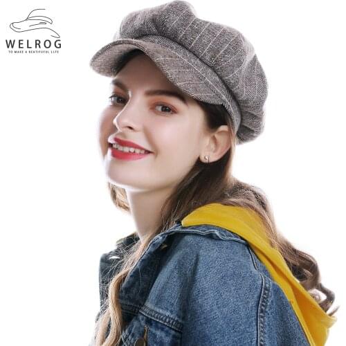 WELROG 2020 Womens Octagonal Hat British Style Faux Wool Female Stripe Newsboy Caps Retro Painter Cap Autumn Beret Hat Cap