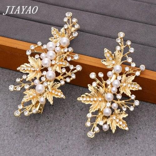 Gold Color Pearl Hair Clip Headband For Women Bridal Hair Accessories Rhinestone Wedding Leaf Hair Clips Headpiece