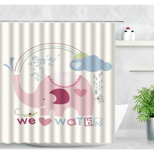 Cute Pink Elephant Shower Curtain Set Cartoon Animals Water Spray Pattern Waterproof Children Bathroom Decor With Hooks Curtains