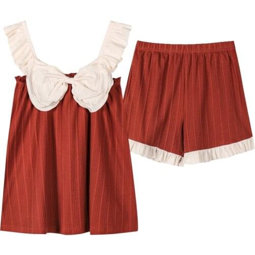 Womens Sleepwear With Bow Sexy Pajama Set Full Pure Cotton Pyjamas Sleeveless Cute Cami Top and Shorts Solid Color Nightwear