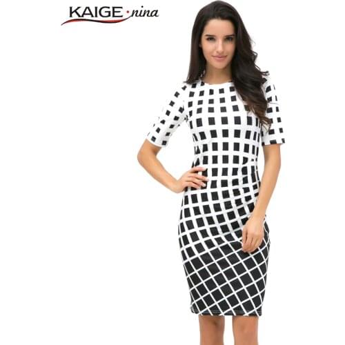 Kaige.Nina New Sale Womens Summer Elegant Tartan O Neck Tunic Wear To Work Business Casual Party Pencil Sheath Dress 2184 a