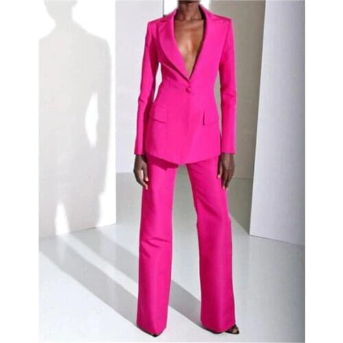 High Quality Fuchia Women Pantsuits Work Pant Suits OL 2 Piece Sets Women Blazer(Jacket+Pant Suit)For Women Set Party