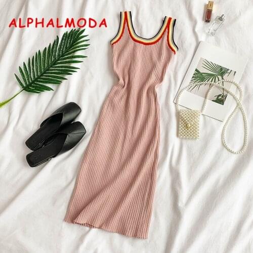 ALPHALMODA Rainbow Red Edge Elastic Knitted Dress Round Neck Sleeveless Sexy Wrap-hip Slim Fit One Step Summer Sundress Vestidos