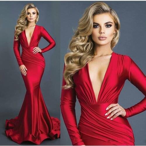 Sexy Long Red Mermaid Evening Dresses Deep V-neck Long Sleeves Spandex Formal Dress Evening Gowns Prom Dress Vestidos Custom Mad