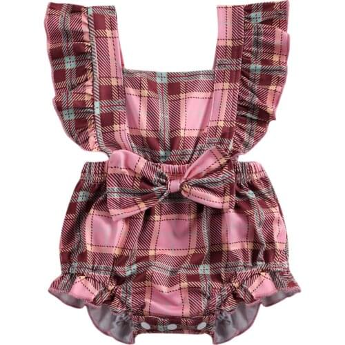 2021 0-24M Infant Baby Girl Plaid Print Jumpsuit Toddler Girl Square Neck Ruffle Flying Short Sleeve Summer Romper with Bow