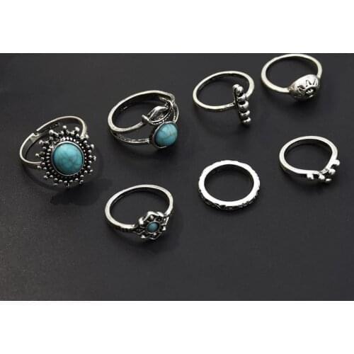 7Pcs/set Bohemian Retro Gem Crown Crystal Moon Heart Waves Geometric color Ring Set Women Party Jewelry Gifts